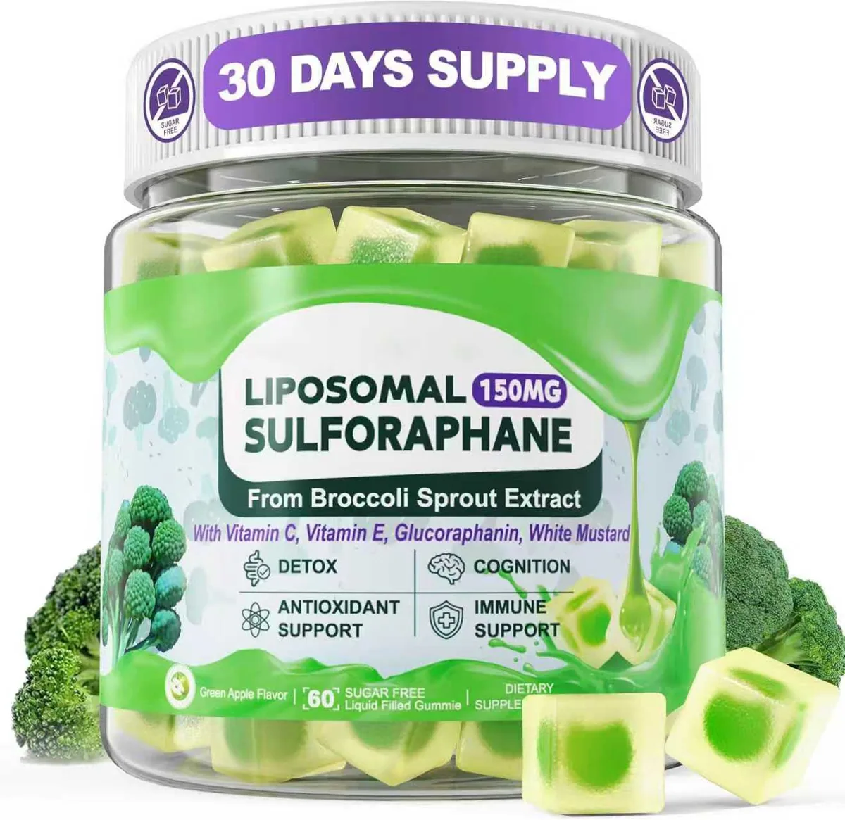 Oem Odm Sulforaphane Gummies 60 Gummies Sugar Free Green Apple Flavor Dietary Supplement