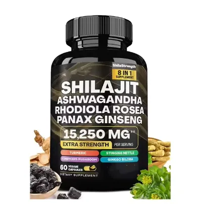 Hot Sale Shilajit Capsules Pure Himalayan Met Ashwagandha Panax Ginseng Energy Booster 60 Counts