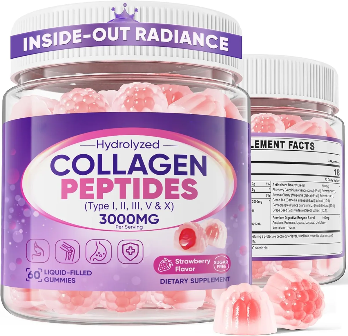 Multi-type I-ii-iii-v-x Hydrolyzed Collagen Gummies Antioxidants Immune Support Skin Brightening Wrinkle Treatment Energy