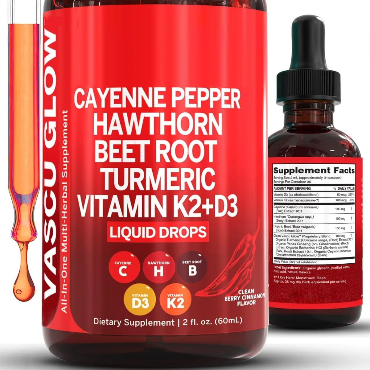 Oem Cayenne Pepper Extract Liquid Drops Hawthorn Berry Vitamin D3 K2 Beet Root Turmeric Drops Supplements 60ml