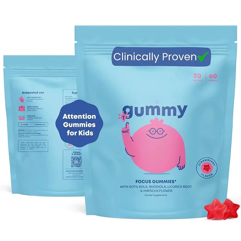 Kids Focus Gummies,Clinically Proven Attention Support With Gotu Kola,Rhodiola,Licorice Root Strawberry Flavor,60 Gummies