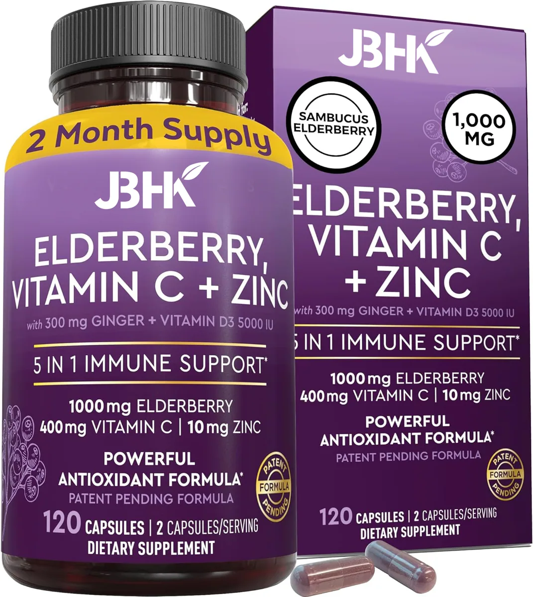 Vitamin C Zinc Adults Sambucus Black Elderberry Capsules With Vitamin D3 5000 Iu Elderberries Immune Support Supplement