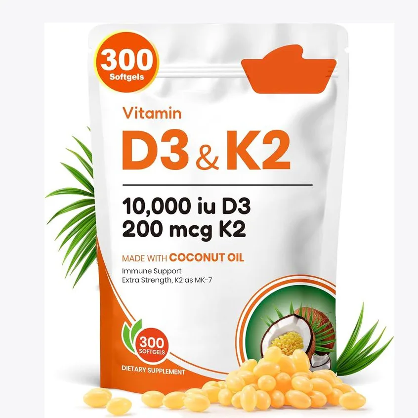 Oem/odm Adult Vegan Vitamin D3 K2 Coconut Oil Softgels Supports Calcium Absorption Bone Strength Immune Health 2-in-1 Supplement