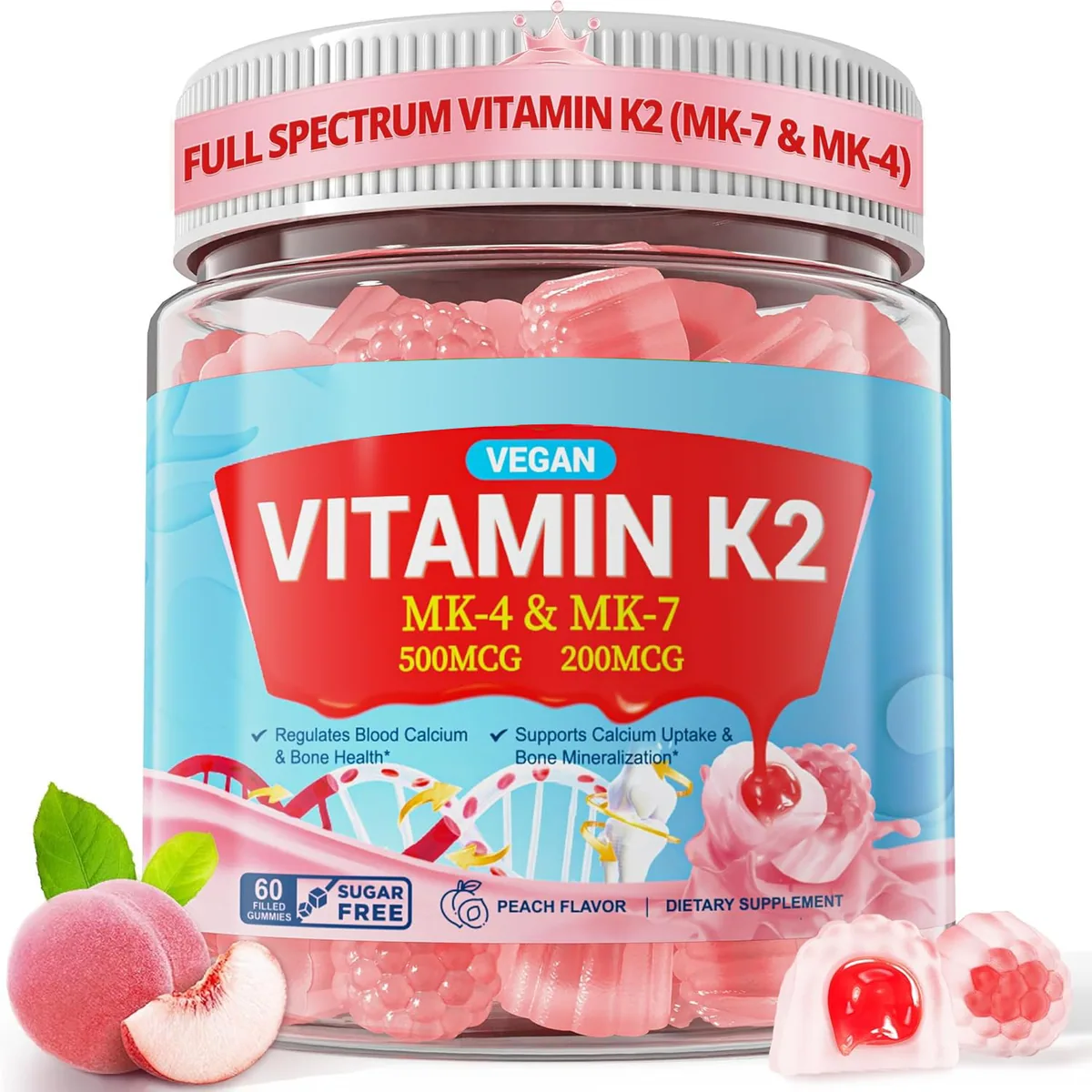 Oem Odm Viatmin K2 Calcium Bone Gummies 60s Sugar Free Peach Flavor Dietary Supplement